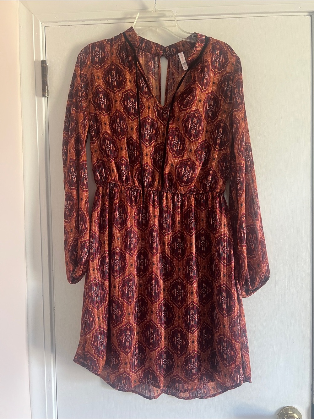 Xhilaration Rust and Burgundy Patterned Long-Sleeve Dress
